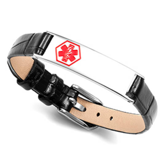 Black Leather ID Bracelet with Thin Silver Tag & Medical Symbol